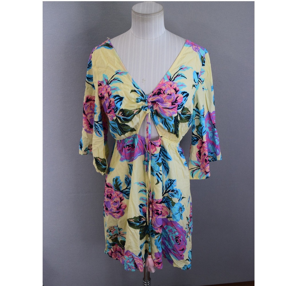 Maaji Floral Mini Dress Medium Yellow Pink Blue Cutout V-Neck Summer New